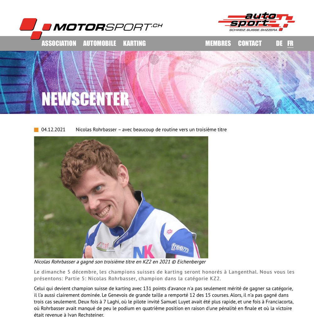 Article de Motorsport.ch de décembre 2021 sur Nicolas Rohrbasser, en route vers un troisième titre