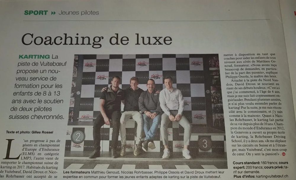 Article de la Revue Automobile d'avril 2018 sur le coaching karting de Nicolas Rohrbasser