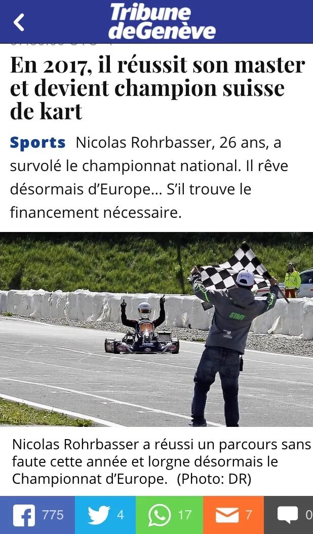 Article de la Tribune de Genève de 2017 : Nicolas Rohrbasser champion suisse de karting